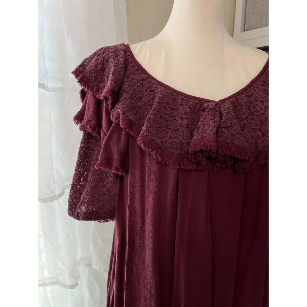 Free People Rush For Ruffles Romper Burgundy Boho Ruffle Lace Size M